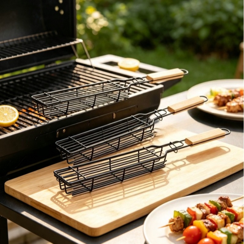 Nesting Camping Cooking Set - 2/3 adet Izgara Sepetleri Ahşap Saplı