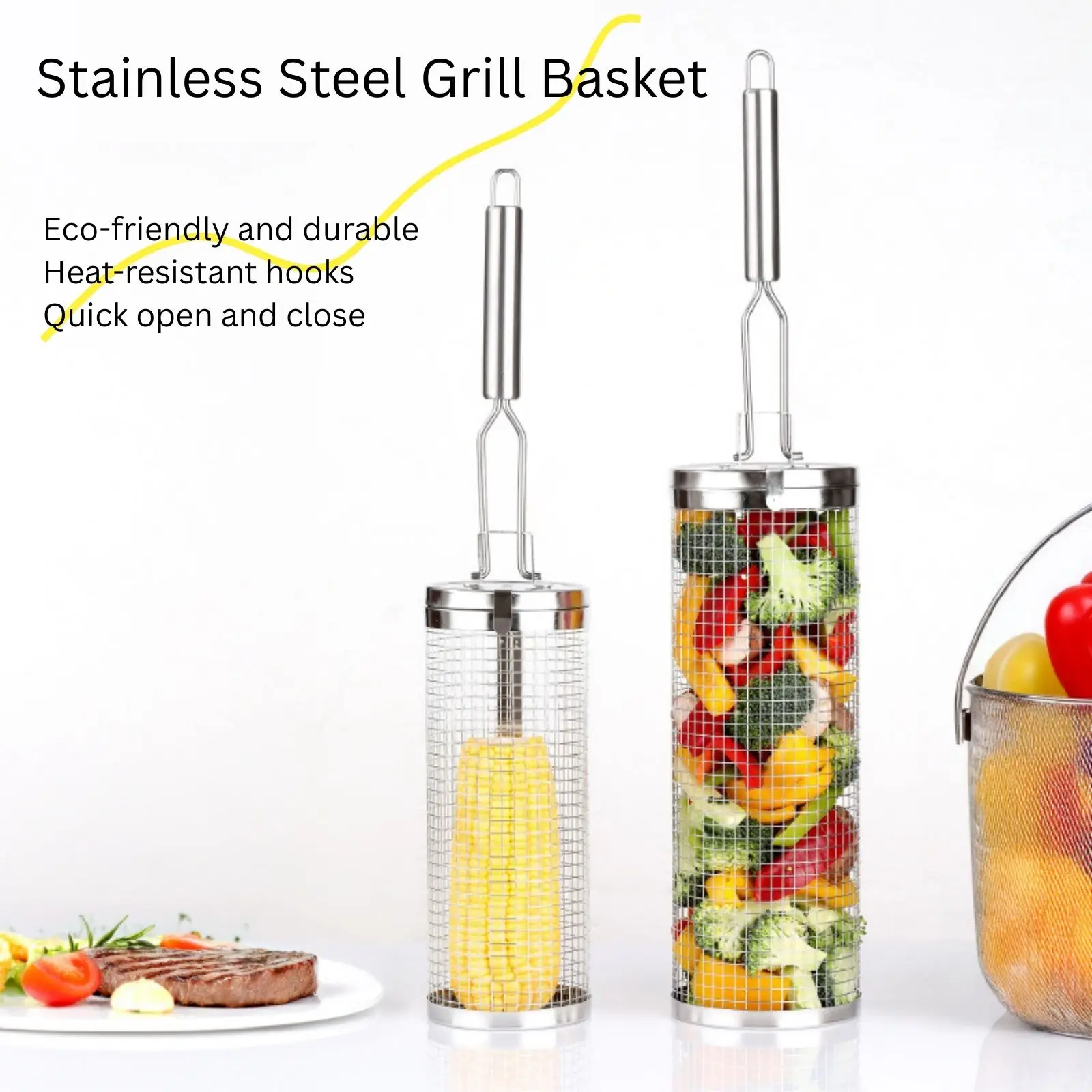 Camping Cooking Essentials - Paslanmaz Çelik Döner Izgara Sepeti –